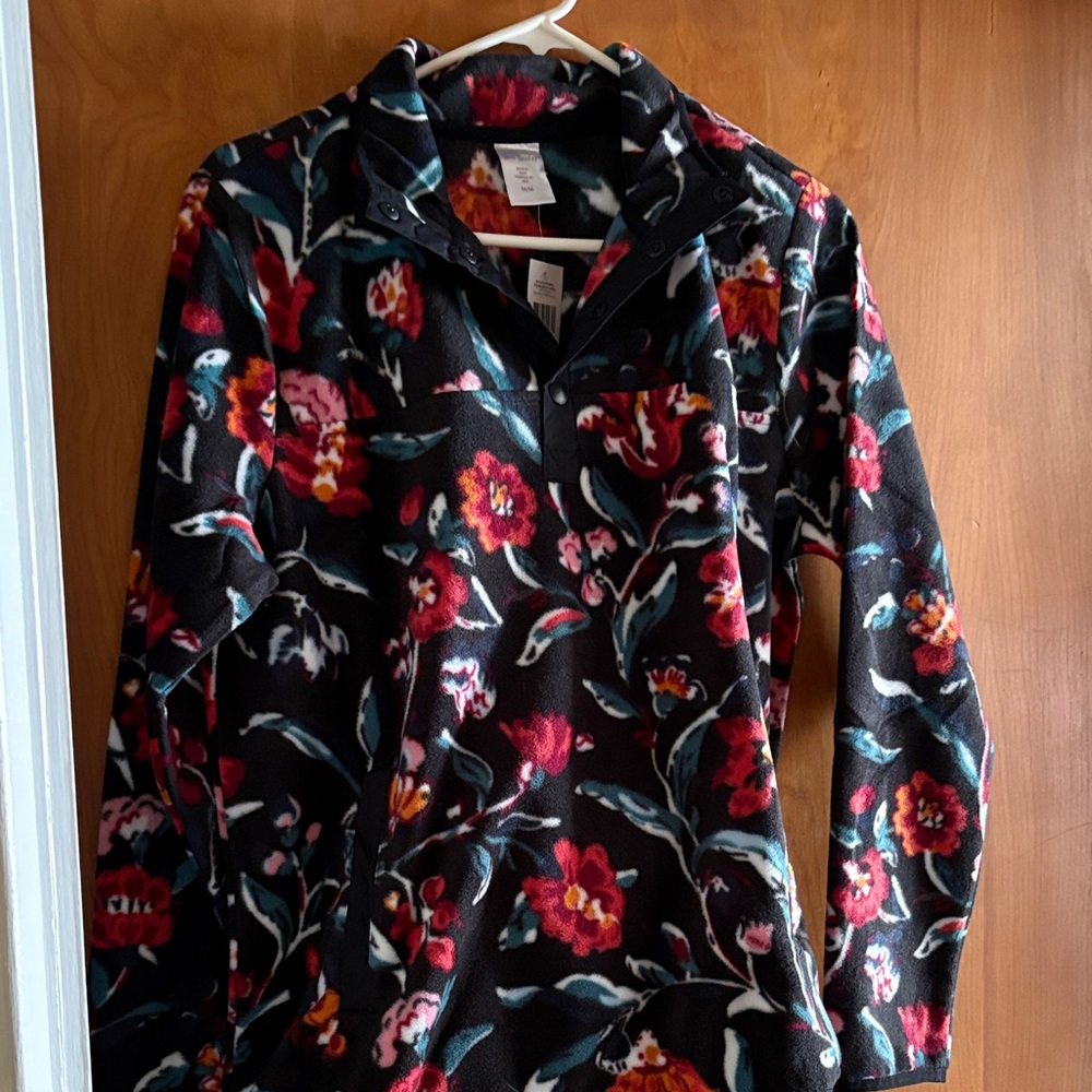 Vera Bradley Black Fleece Top with Red & Teal Floral Print